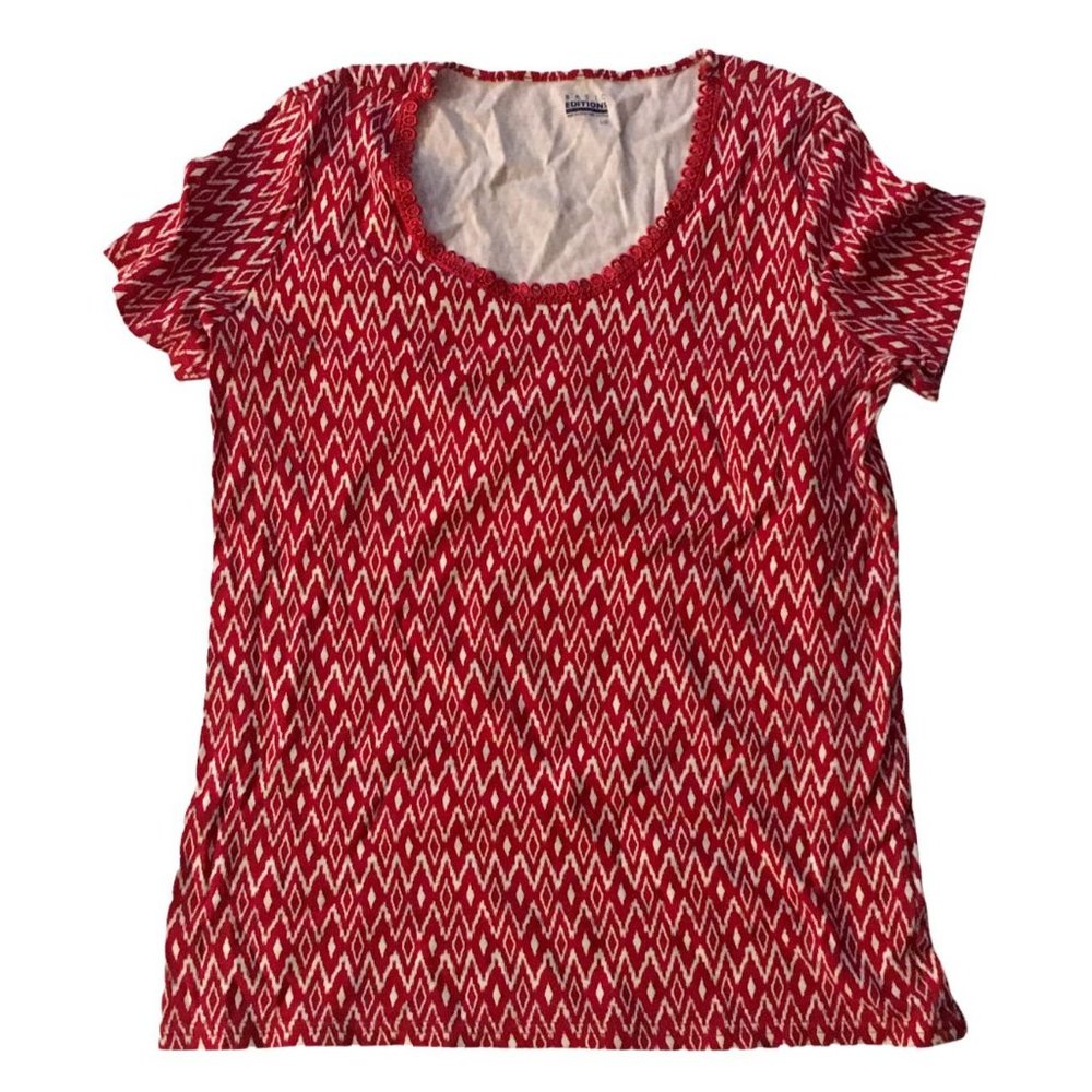 Basic Editions Top T-Shirt Red White Casual Cotton Summer Short Sleeves L 12 14 - Picture 1 of 6